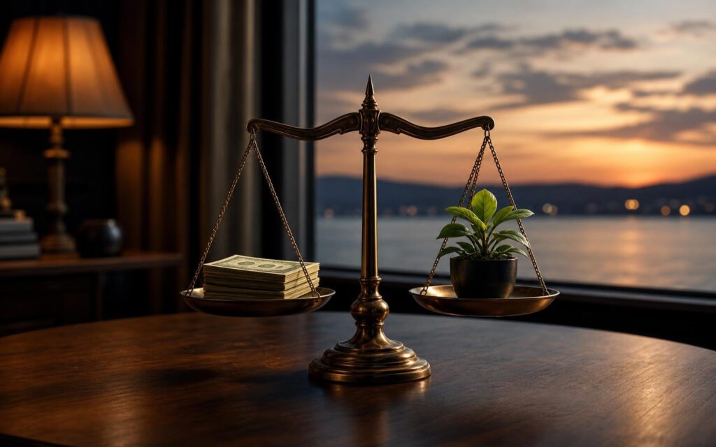 Covered calls income strategy illustrated by scales balancing money and a growing stock investment on a wooden table overlooking a calm waterfront at dusk.