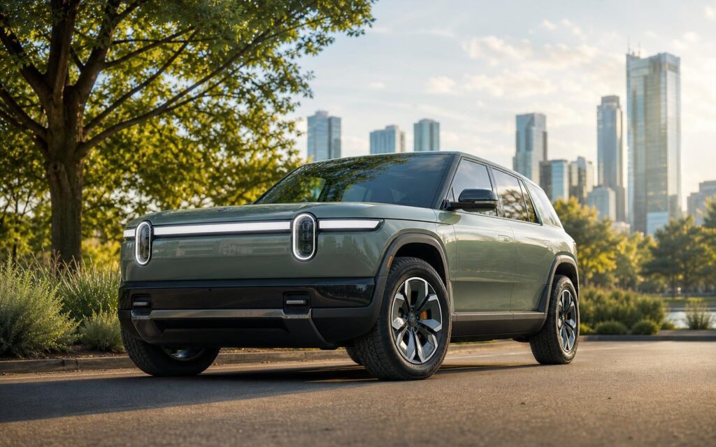 Rivian stock highlighted with the image of a Rivian R2 on a busy street.